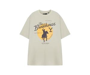Y Yellowstone Mens Beige Short Sleeved T-Shirt | The Bunkhouse Graphic Tee | Vintage Style Crew Neck Top | Retro Yellowstone Apparel for Men