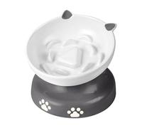 Y YHY Slow Feeder Cat Bowl, Ceramic Elevated Cat Bowl Tilted Design Slow Feeder for Dog and Cat for Dry and Wet Food, Gray