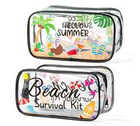 Y1tvei 2Pcs Beach Makeup Toiletry Bag Survival Kit Clear Cosmetic Bag Hello Summer Theme PVC Plastic Transparent Portable Waterproof Seaside Travel Pouch Organizer with Zipper for Women Lady Coast