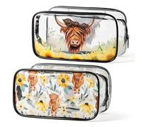 Y1tvei 2Pcs Highland Cow Makeup Bag Sunflower Printed Travel Bag, Clear Transparent Toiletry Pouch PVC Waterproof Cosmetic Portable Pouch Organizer for Women Lady Summer Beach Seaside Holiday Coast