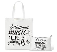 Y1tvei Black Music Canvas Bag - 2Pcs Musical Note Themed Reusable Grocery Shopping Handbag, Without Music Life Would B Flat Canvas Tote Bag Makeup Pouch, Recital Gift for Musical Lover Singer Musician