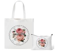 Y1tvei Christian Canvas Bags Set - 2Pcs Aesthetic Flower You are Canvas Tote Makeup Bag, Religious Bible Verse Reusable Grocery Shopping Handbag, Inspirational Christian Gifts for Women Faith Prayer