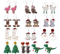 Y1tvei Christmas Animals Glitter Earrings - 12 Pairs Cute Flamingo Santa's Hat Tree Cat Dinosaur Dangle Drop Sparkly Acrylic Earrings Stud Dainty Lightweight Ear Decor Jewelry Accessory Gift for Women
