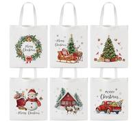 Y1tvei Christmas Canvas Bag Set - 6Pcs Adorable Snowman Xmas Tree Canvas Tote Bag Watercolor Print Handbag, Reusable Grocery Folding Shopping Bags, Aesthetic Christmas Gift for Christian Women Faith