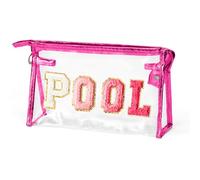 Y1tvei Clear POOL Makeup Bag - Preppy Rose Red POOL Chenille Varsity Letter Sunscreen Cosmetic Pouch PVC Transparent Zipper Waterproof Beach Summer Travel Toiletry Organizer for Swimmer Women(RoseRed)