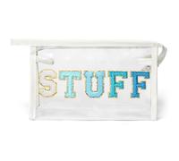 Y1tvei Clear STUFF Makeup Bag - Preppy Patch Blue Chenille Varsity Letter PVC Transparent Extra Large Cosmetic Pouch Portable Waterproof Travel Organizer Toiletry Compliant Bag for Women(White)