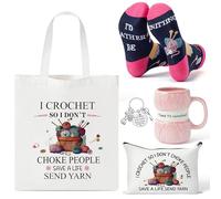 Y1tvei Crochet Canvas Bag Gifts - 6Pcs Knit Set Humorous Novelty I Crochet So I Don’t Choke People Save A Life Send Yarn Canvas Tote Bag Makeup Pouch, Pink Mug Stockings Keychain Gift for Knitter Girl
