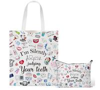 Y1tvei Dentist Canvas Bags Gifts - 2Pcs I'm Silently Judging Your Teeth Canvas Tote Bag Makeup Pouch, Reusable Grocery Folding Shopping Handbag for Women Girls Dental Assistant Birthday Party Favors