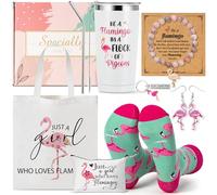 Y1tvei Flamingo Canvas Bag Gifts - 11Pcs Just A Girl Who Love Flamingos Canvas Tote Bag Makeup Pouch, Thermos Cup Stockings Pink Bracelet Card Adorable Earrings Keychain, Flamingo Lover Gift for Girls