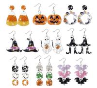 Y1tvei Halloween Glitter Acrylic Earrings - 9 Pairs Pumpkin Wreath Witch Hat Black Boots Bat White Ghosts Charm Earring Sparkly Drop Dangle Stud Ear Decor Jewelry Accessory Supplies for Women Party
