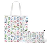 Y1tvei Mahjong Canvas Bag Gifts - 2Pcs Colorful Mahjong Tile Canvas Tote Bag Aesthetic Cosmetic Pouch, Reusable Grocery Folding Shopping Handbag, Gifts for Mah Jong Lover Player Birthday Party Favors