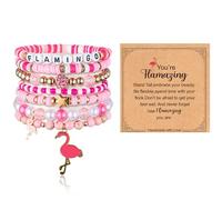 Y1tvei Pink Flamingo Bracelets Set - 8Pcs Pink Soft Pottery Gold Bead Clay Bead Bracelets with Card, Stackable Heishi Jewelry Accessory Decor Set Stylish Flamingo Gifts for Women Girls Birthday Party