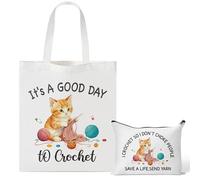Y1tvei Realistic Cat Canvas Bags - 2Pcs It’s A Good Day to Crochet Canvas Tote Bag Makeup Pouch, Reusable Grocery Folding Shopping Handbag, Knitting Crocheting Funny Gifts for Knitter Crocheters Women