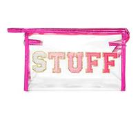 Y1tvei STUFF Clear Makeup Bag - Chenille Letter Preppy Patch Cosmetic Bag, PVC Transparent Clear Toiletry Bag Portable Pouch Organizer for Girls Women Gift Summer Beach Travel Compliant Bag(Rose Red)