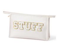Y1tvei Stuff Zipper Pouch Large - White Preppy Stuff Chenille Letter Pouch for Travel, PU Leather Makeup Bag, Large Waterproof Portable Cosmetic Bags, Flat Pouch Travel Organizer for Women(White)