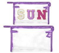 Y1tvei Sun Clear Makeup Bag - 2Pcs Preppy Purple Sun Chenille Varsity Letter Cosmetic Bag Purple Large PVC Transparent Toiletry Organizer Zipper Waterproof Beach Travel Makeup Pouch for Women(Purple)