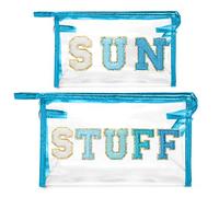 Y1tvei Sun Stuff Makeup Bag - 2Pcs Chenille Letter Preppy Patch Cosmetic Bag, PVC Transparent Clear Toiletry Bag Portable Pouch Organizer for Girls Women Summer Beach Travel Compliant Bag(Blue)