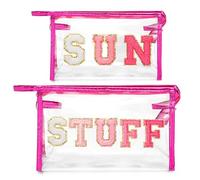 Y1tvei Sun Stuff Makeup Bag - 2Pcs Chenille Letter Preppy Patch Cosmetic Bag, PVC Transparent Clear Toiletry Bag Portable Pouch Organizer for Girls Women Summer Beach Travel Compliant Bag(Rose Red)