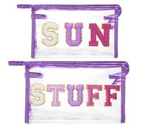 Y1tvei Sun Stuff Makeup Bag - 2Pcs Preppy Patch Chenille Varsity Letter Transparent PVC Extra Large Clear Cosmetic Pouch Portable Waterproof Travel Organizer Toiletry Compliant Bag for Women(Purple)
