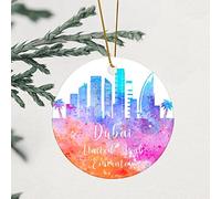 Y23YUGAA Dubai Skyline United Arab Emirates Christmas Hanging Ornaments Watercolour Skyscrapers Round Ceramic 3.2 Inch Ornament with Gold String Christmas Tree Decor Gift 2022