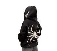 Y2K 2023 Velvet and Thickened Large Spider Men's and Women's Hooded Gothic Couple Spider Print Zipper Hoodie, Black Velvet, S