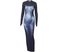 Y2K 3D Body Print Maxi Dress Women Aesthetic Long Sleeve Unique Sexy Body-Shaping Robe Party Clubwear Clothing, Black 1, M
