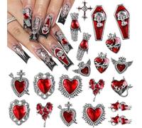 Y2K 3D Chrome Gem Nail Charms - Gothic Set with Cross, Heart, Tombstone, Red & Retro Designs - DIY Bracelet Charms