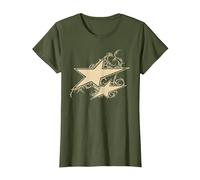 Y2K 90s Double Star Tattoo STYL T-Shirt, Women, Olive Green, Medium