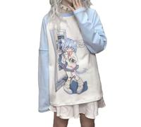 Y2k Aesthetic Detachable Sleeve T-Shirt Women Kawaii Cat Girl Anime Print Cute Sweatshirts Fairycore Streetwear, Blue, XL