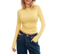 Y2K Aesthetic Womens Crew Neck Crop Tops - Long Sleeve, Stretch Slim Fit, Basic Top for Going Out - Yellow, Size M