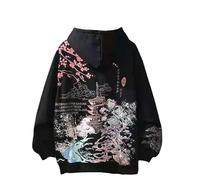 Y2K Anime Hoodies Aesthetic Sakura Graphic Sweatshirt Japanese Harajuku Oversized Zip Up Hooded Tops Alt Emo Clothes, Black-fleeced, Large