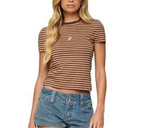 Y2k Baby Tees Crop Tops for Women Short Sleeve Fitted T Shirts Striped Patchwork Basic Cute Crewnecks 90s Going Out, Striped Coffee, S