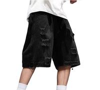 Y2K Baggy Jorts Jeans Shorts Men's Ripped Jeans Denim Shorts Wide Leg Jeans Unisex Y2K Shorts Grunge Hip Hop Trousers Teenager Streetwear Cargo Trousers Bermuda Shorts, A1 BLACK, M