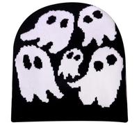Y2K Beanie Ghost Pattern Acrylic Fibers Knitted Halloween Hat, Grunge Unisex Emo Beanie, Casual Skull Crochet Winter Warm Halloween Accessories for Teenager, Black