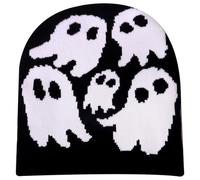 Y2K Beanie, Y2K Beanie Ghost Pattern Acrylic Fibers Knitted Halloween Hat, Grunge Unisex Emo, Casual Skull Crochet Winter Warm Halloween Accessories for Teenager, Black