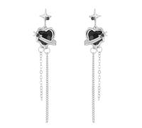Y2k Black Heart Shooting Star Stud Earrings Silver Long Tassel Dangling Earrings for Women Sweet Cool Love Heart Jewelry for Wife Daughter Lovers, M, Zinc, No Gemstone