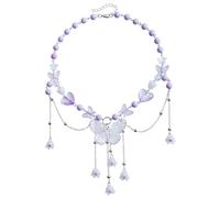 Y2k Butterfly Tassel Choker Necklace Bohemian Charm Layered Resin Pink Heart Butterfly Flowers Fairy Chic Beaded Fringe Chain Necklace for Women Boho Summer Holiday Prom Party Trendy Jewelry, M