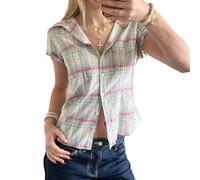 Y2k Button Up Shirt Women Short Sleeve Coquette Preppy Top Cute Vintage Button Down Slim Fitted Crop Gingham Blouse, Colorful 03, M