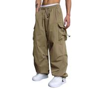 Y2K Cargo Trousers - Men's Baggy Parachute Pants, High Waist Straight Bootcut, Khaki, XL
