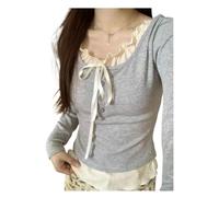 Y2K Coquette Shirts for Women Lace Patchwork Tight Crop Tops Aesthetic Baby Tee Bow Tie Cutecore Clothes Grey