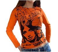 Y2k Crop Top Long Sleeve Top Portrait Graphic Print Slim Fit Crop Top Blouse E-Girl Aesthetic Top Sexy Crop Top Streetwear Graphic Tee T-Shirt Spring Summer Tops Blouses, orange, M