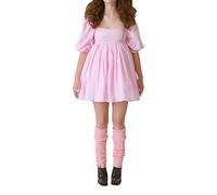 Y2K Cute Puffy Dress With Lantern Bell Sleeves, Square Neck, Ruffle Bubble Hem - Princess Mini Dress for Evening & Night Parties (Pink, M)