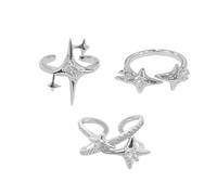 Y2k CZ Star Adjustable Open Stacking Rings for Women Men Vintage Punk Grunge Sparkling Crystal Cross Irregular Statement Stackable Finger Band Knuckle Rings Comfort Fit Fashion Jewelry 3Pcs Set