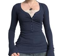 Y2k Fairy Grunge Shirts for Women Vintage Long Sleeve V-Neck Lace Patchwork Button Pullover Shirt Slim Blouse Fall Clothes (A-Blue, S)