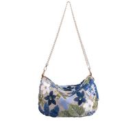 Y2K Floral Embroidery Mini Shoulder Bags For Women Sequin Beaded Knit Summer Evening Bag Trendy Party Purses, Blue, One Size