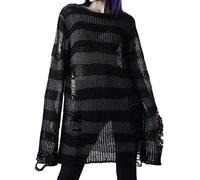 Y2K Goth Distressed Striped Sweater Oversized Fairy Grunge Ripped Knit Pullover Rave Punk Emo Crochet Tops, Black, One Size