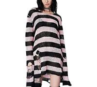 Y2K Goth Distressed Striped Sweater Oversized Fairy Grunge Ripped Knit Pullover Rave Punk Emo Crochet Tops, Pink, One Size