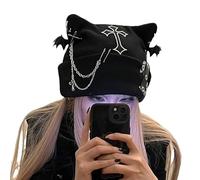 Y2K Gothic Grunge Cat Ear Bat Wing Black Beanie Hat Harajuku Punk Cross Chain Knitted Hat Women Chic Streetwear, Black, One size