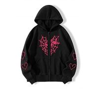Y2K Gothic Spider Web Heart-shaped Print Hoodied Pullover Punk Zip Up Jacket Coat Harajuku Loose Oversized Streetwear, Black Pink, 5XL