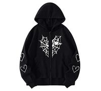 Y2K Gothic Spider Web Heart-shaped Print Hoodied Pullover Punk Zip Up Jacket Coat Harajuku Loose Oversized Streetwear Jumpers for Women uk